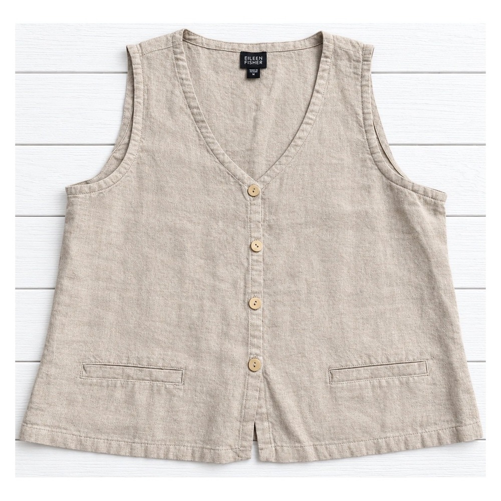 Eileen Fisher Linen Button Up Vest Beige Tan Neutral Minimalist Boho Size S